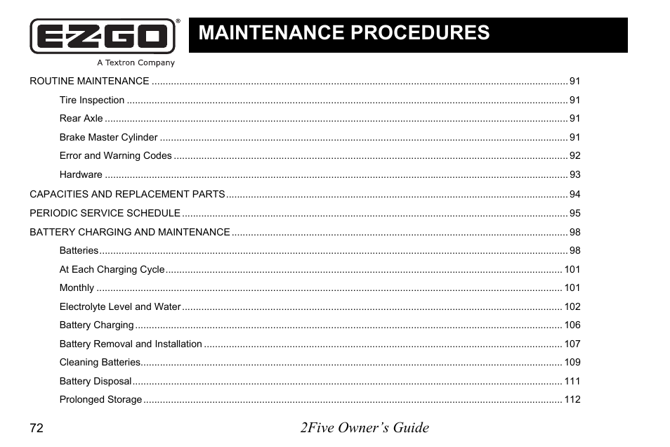 Maintenance procedures, 2five owner’s guide | E-Z-GO 2FIVE 4 PASSENGER User Manual | Page 80 / 144