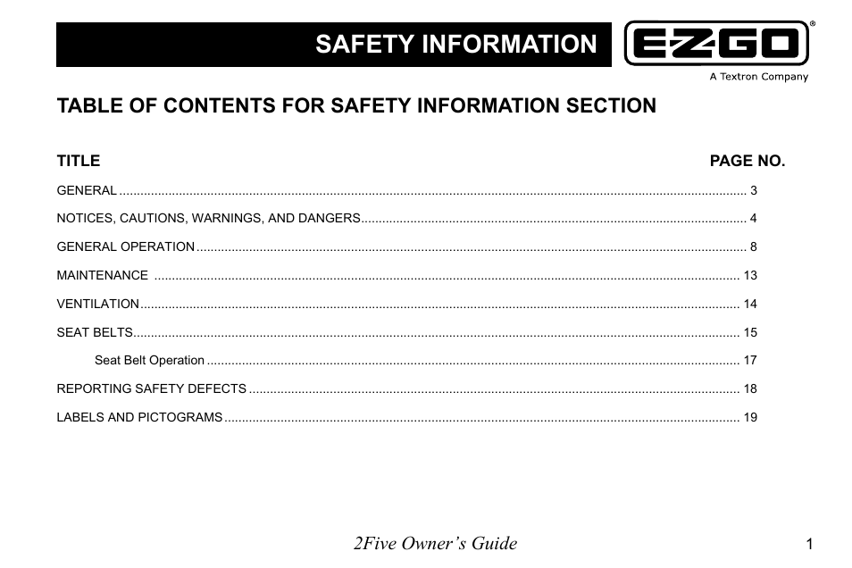 Safety information, 2five owner’s guide | E-Z-GO 2FIVE 4 PASSENGER User Manual | Page 9 / 144