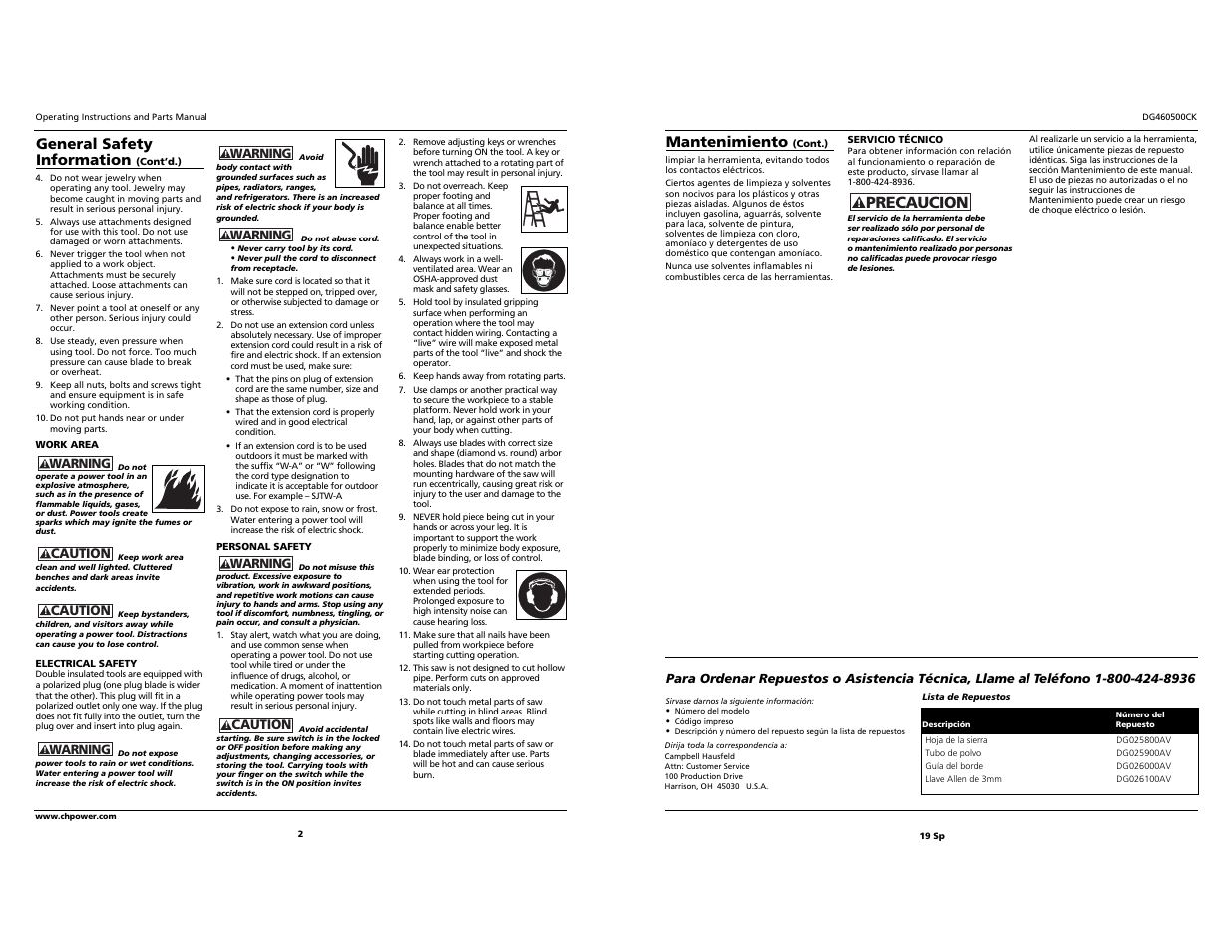 Precaucion, General safety information, Mantenimiento | Campbell Hausfeld DG460500CK S User Manual | Page 2 / 10