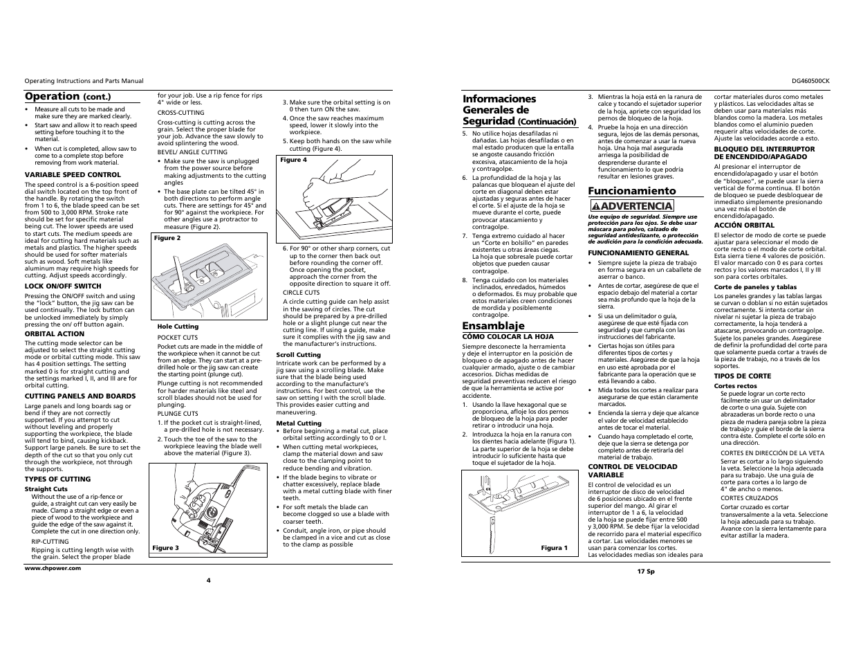0i ii iii, Ensamblaje, Funcionamiento | Advertencia, Informaciones generales de seguridad, Operation | Campbell Hausfeld DG460500CK S User Manual | Page 4 / 10