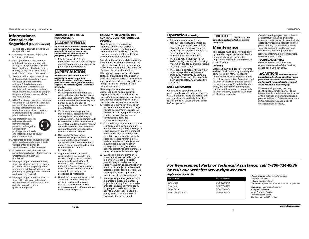 Precaucion, Advertencia, Informaciones generales de seguridad | Maintenance, Notice, Operation | Campbell Hausfeld DG460500CK S User Manual | Page 5 / 10