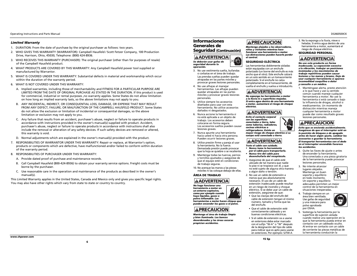 Precaucion, Advertencia, Informaciones generales de seguridad | Campbell Hausfeld DG460500CK S User Manual | Page 6 / 10