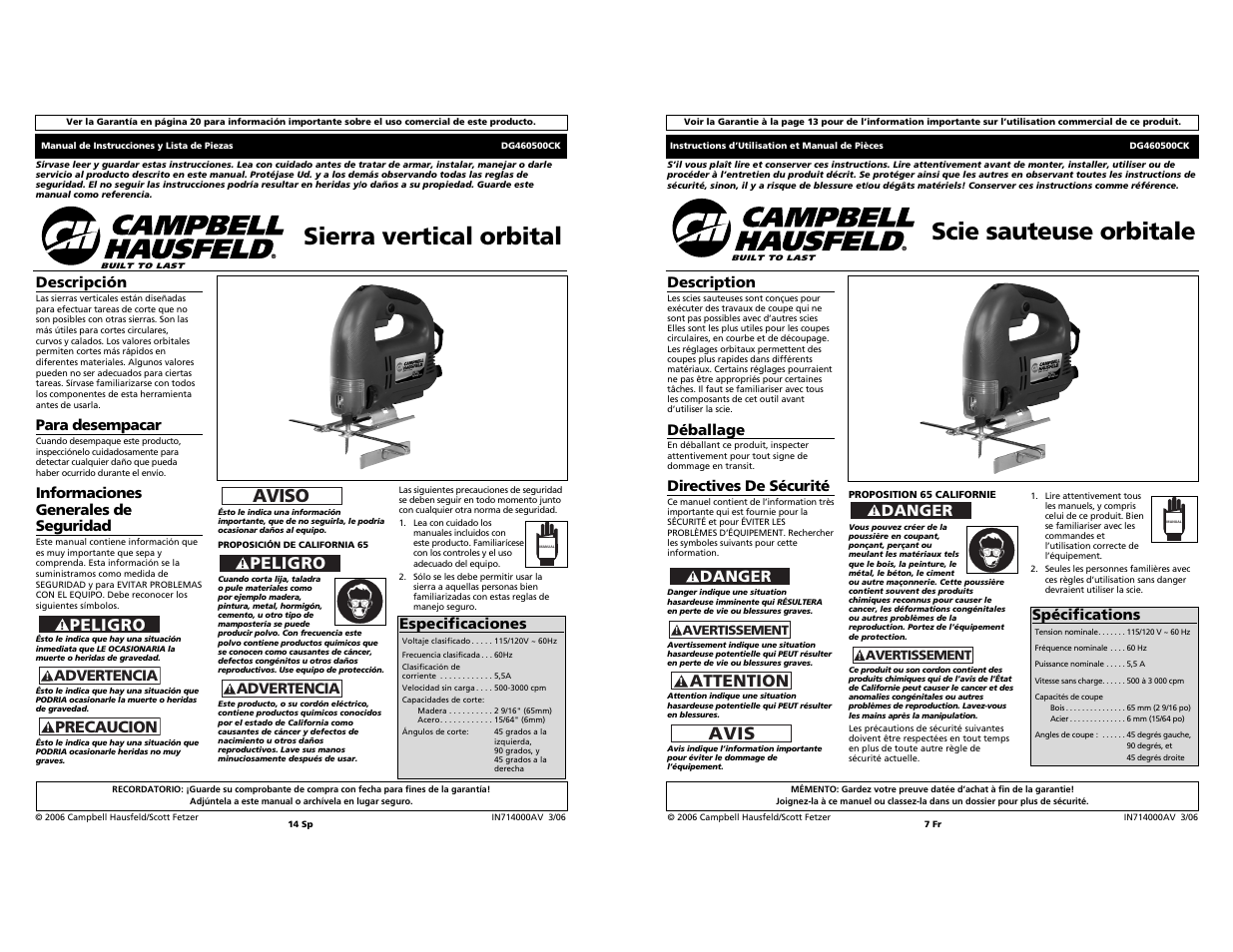 Sierra vertical orbital, Scie sauteuse orbitale, Aviso | Peligro, Avis, Attention, Precaucion, Danger | Campbell Hausfeld DG460500CK S User Manual | Page 7 / 10