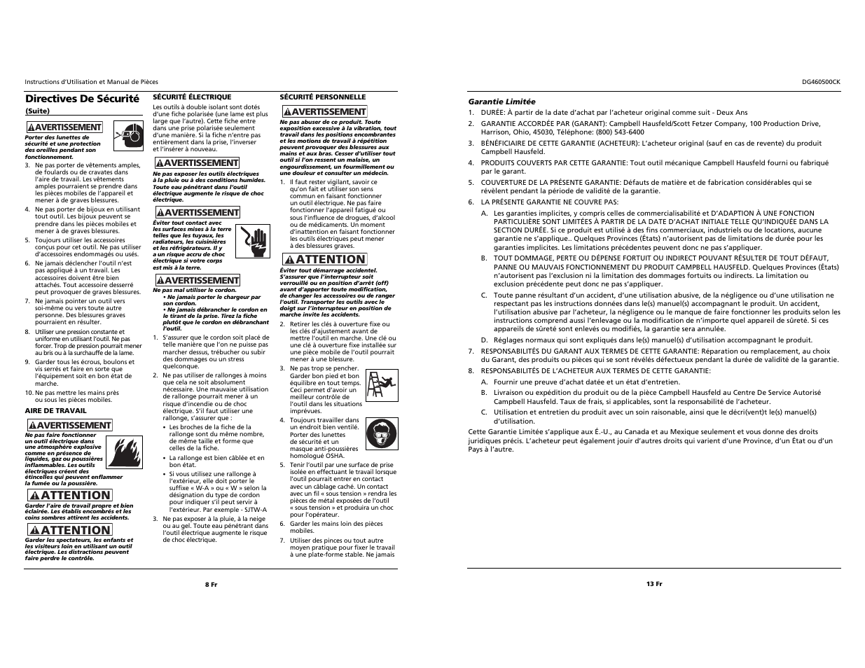 Attention, Directives de sécurité | Campbell Hausfeld DG460500CK S User Manual | Page 8 / 10