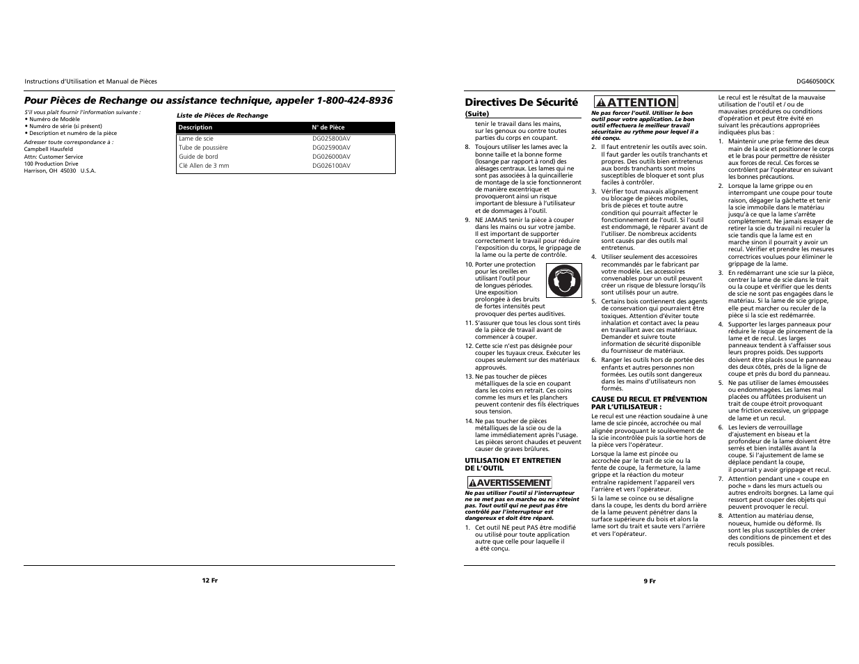 Attention, Directives de sécurité | Campbell Hausfeld DG460500CK S User Manual | Page 9 / 10