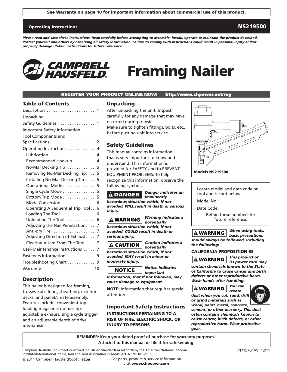 Campbell Hausfeld NS219500 User Manual | 32 pages