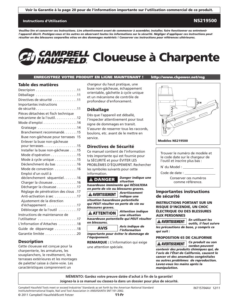 Cloueuse à charpente | Campbell Hausfeld NS219500 User Manual | Page 11 / 32