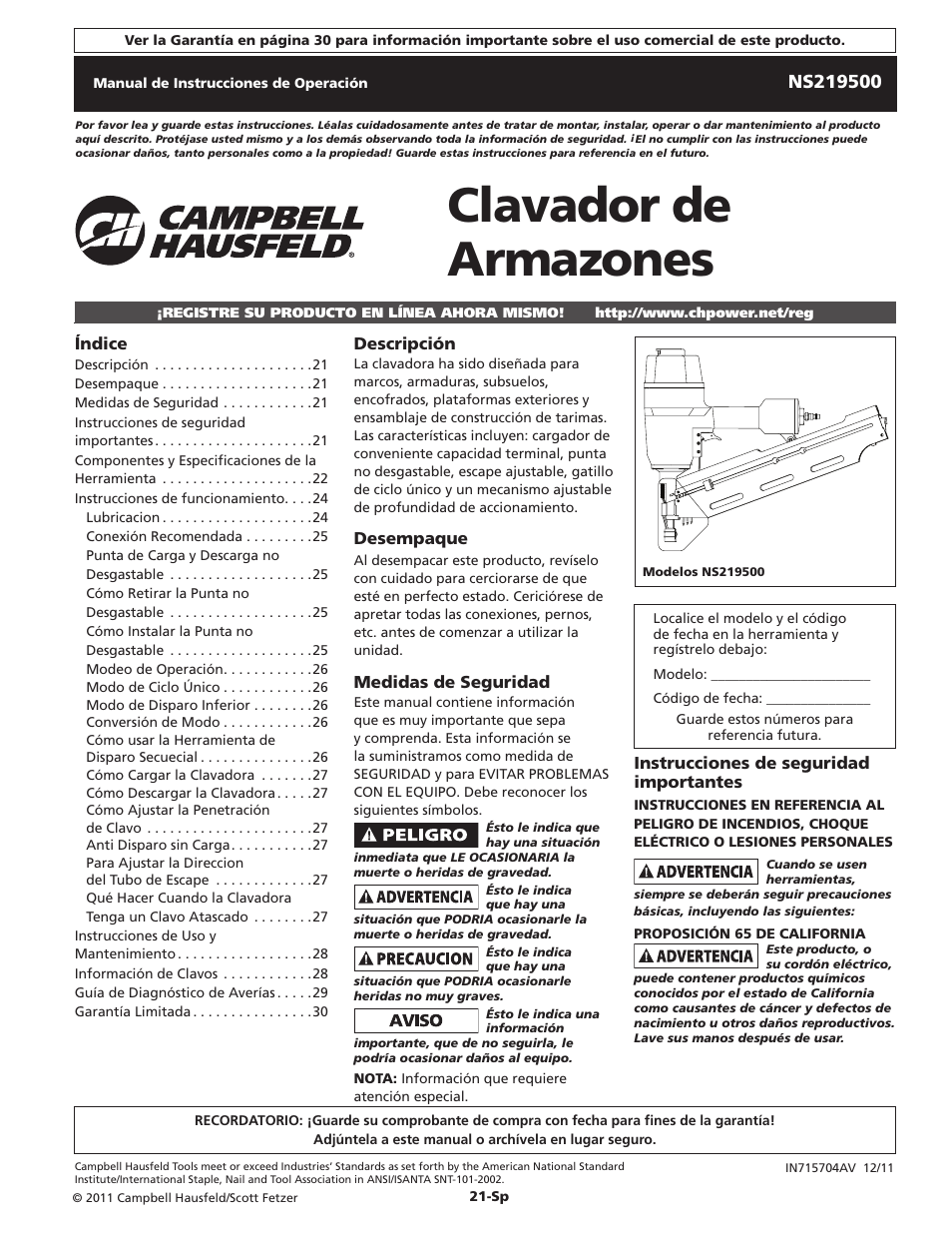 Clavador de armazones | Campbell Hausfeld NS219500 User Manual | Page 21 / 32