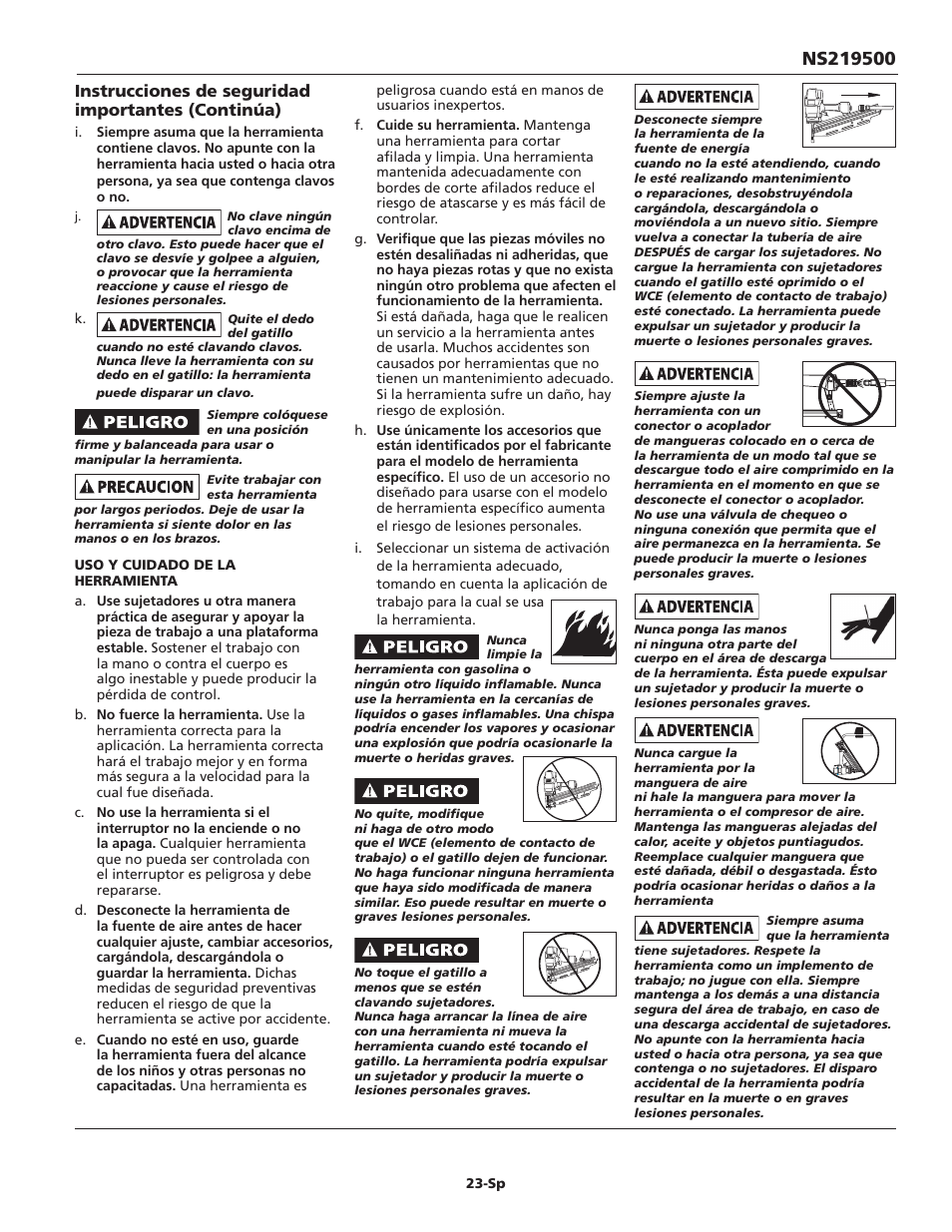 Instrucciones de seguridad importantes (continúa) | Campbell Hausfeld NS219500 User Manual | Page 23 / 32