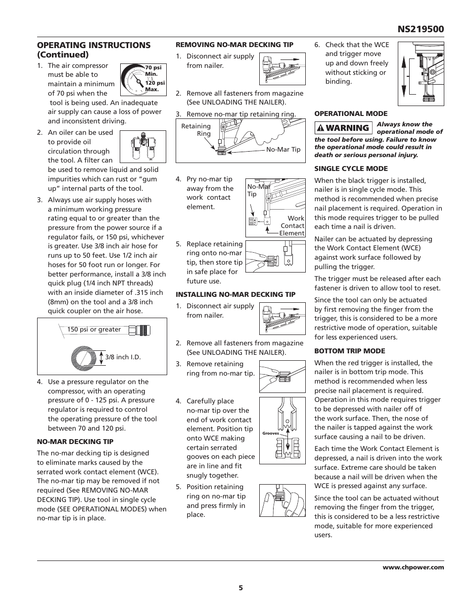 Operating instructions (continued) | Campbell Hausfeld NS219500 User Manual | Page 5 / 32