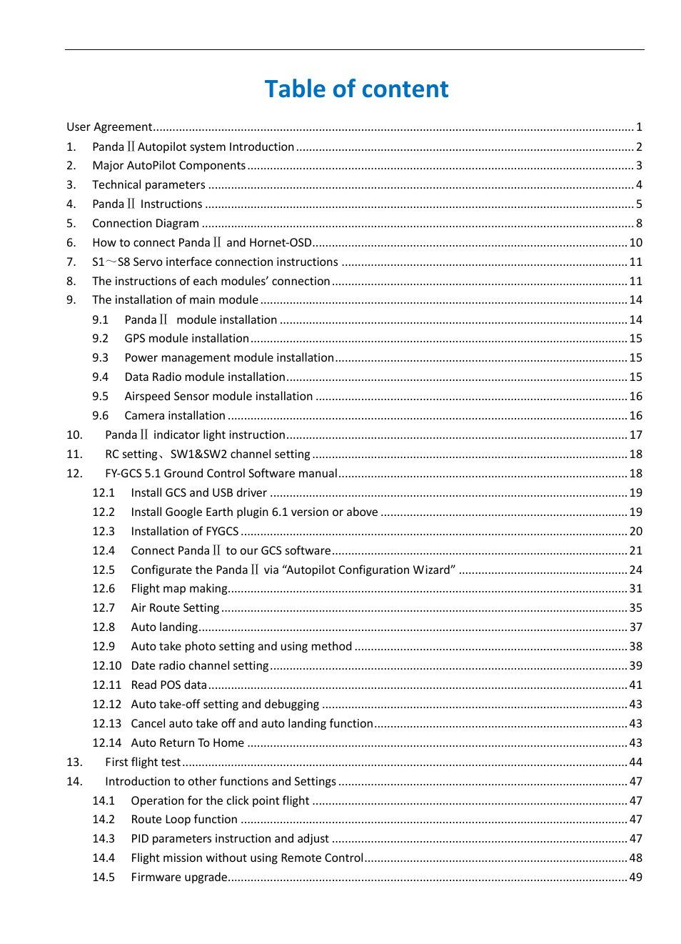Table of content | FeiYu Tech FY-Panda2 Autopilot User Manual | Page 2 / 51