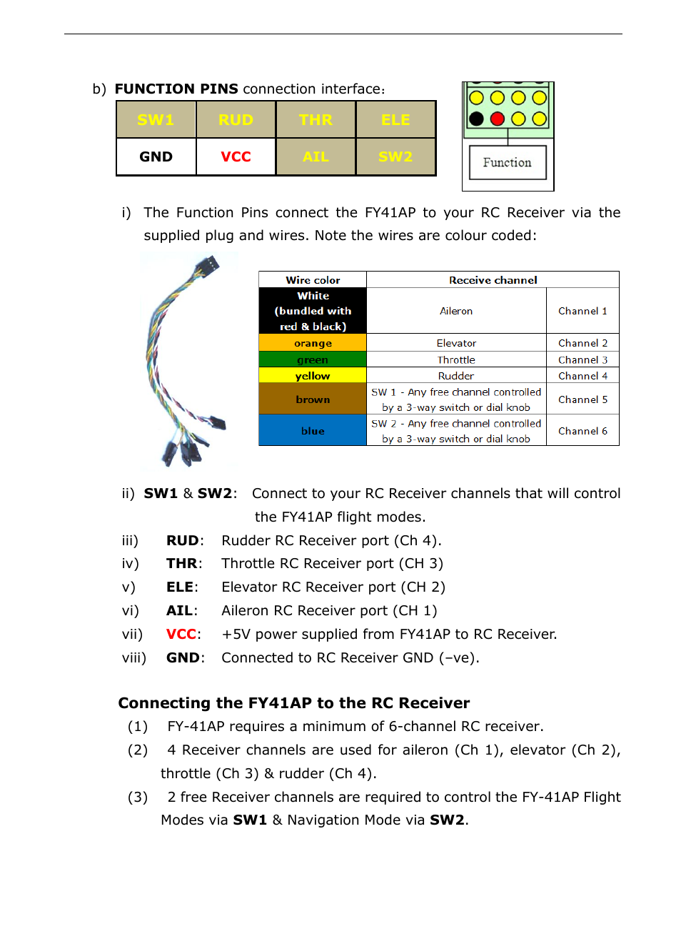 Connecting the fy41ap to the rc receiver | FeiYu Tech FY-41AP User Manual | Page 11 / 48