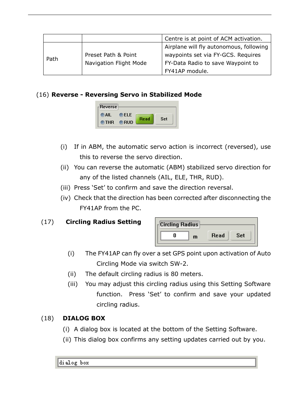 Reverse - reversing servo in stabilized mode, Circling radius setting dialog box | FeiYu Tech FY-41AP User Manual | Page 36 / 48