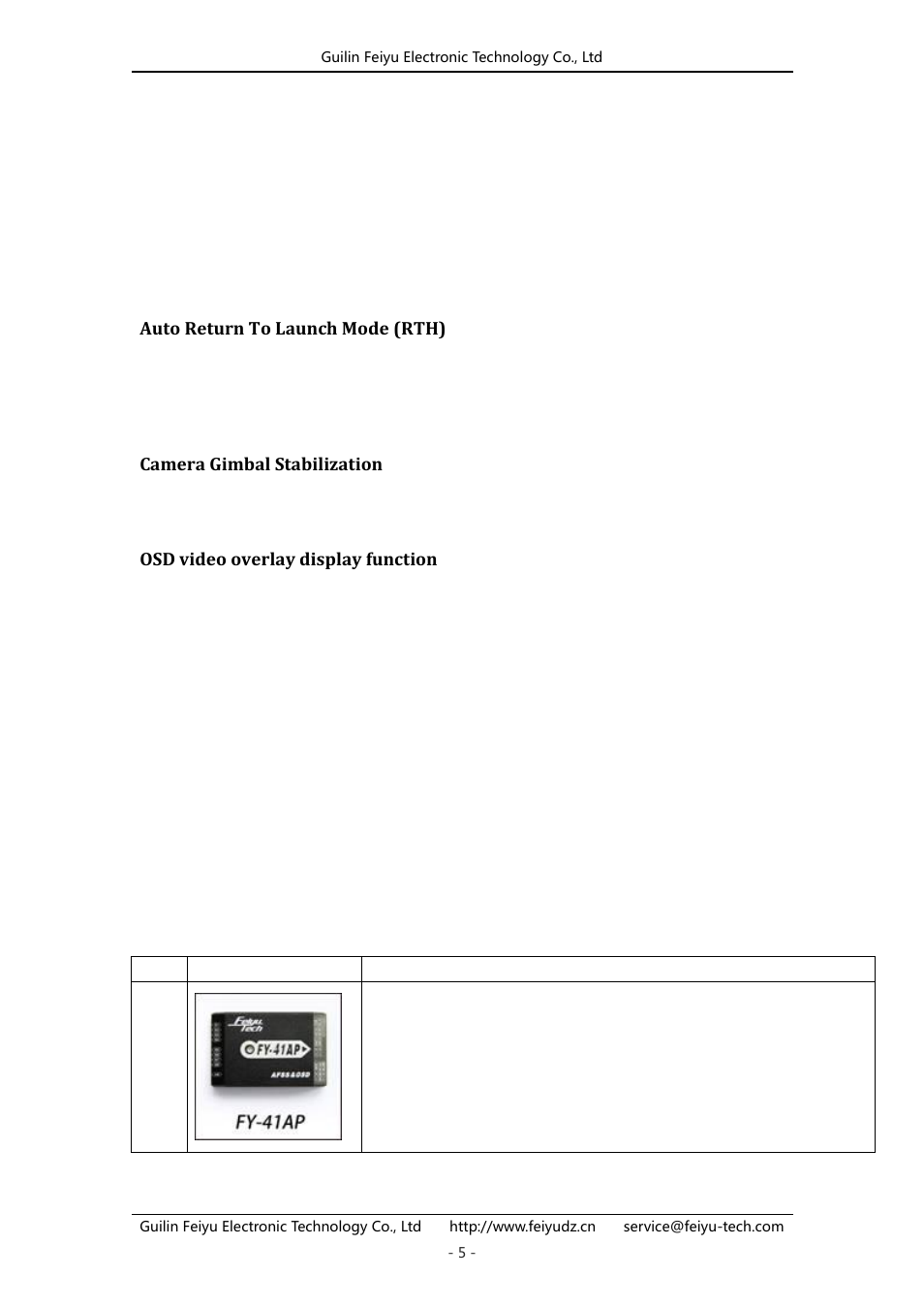 Auto return to launch mode (rth), Camera gimbal stabilization, Osd video overlay display function | Fy-41ap configuration | FeiYu Tech FY-41AP User Manual | Page 5 / 30