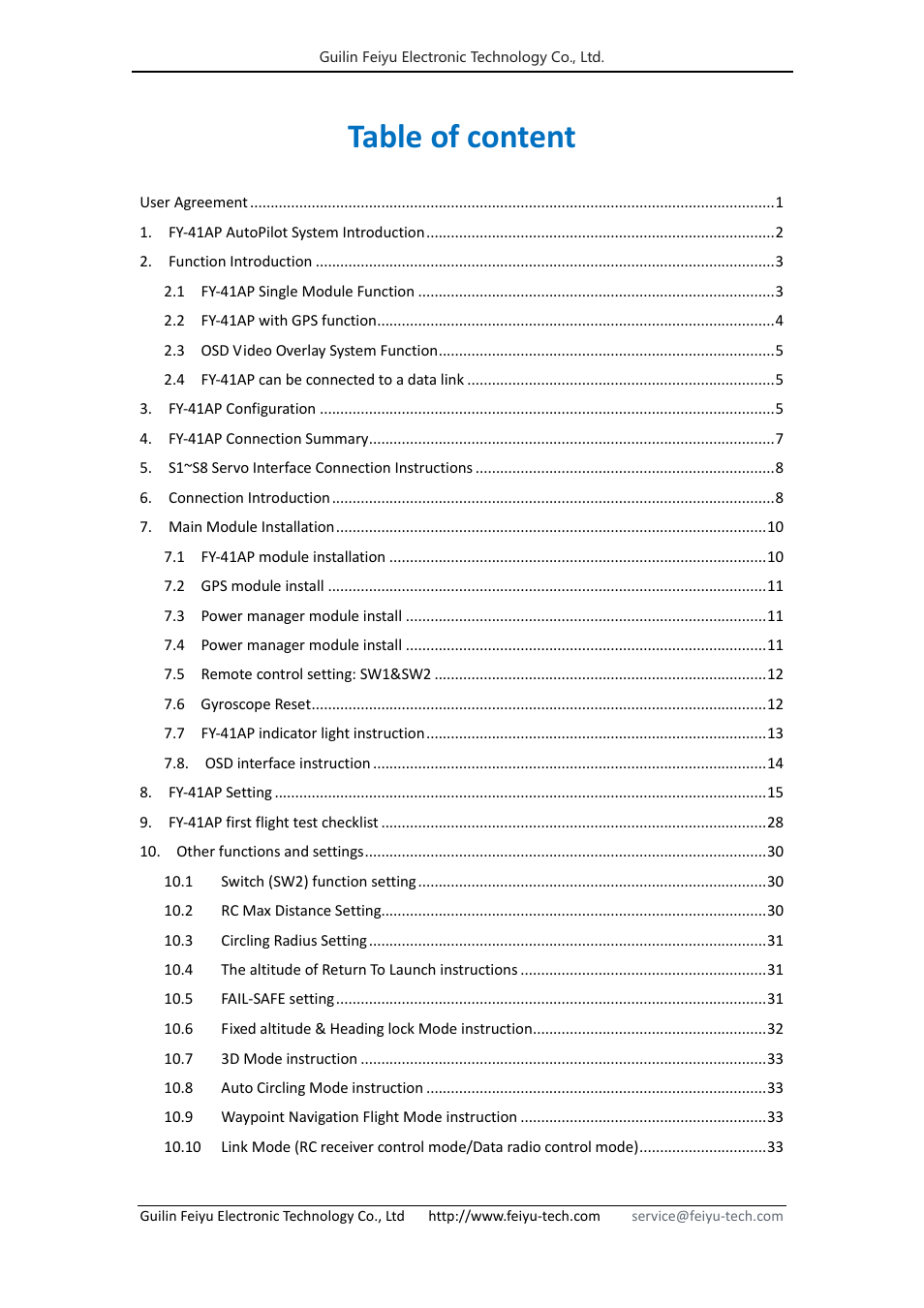 Table of content | FeiYu Tech FY-41AP User Manual | Page 2 / 35