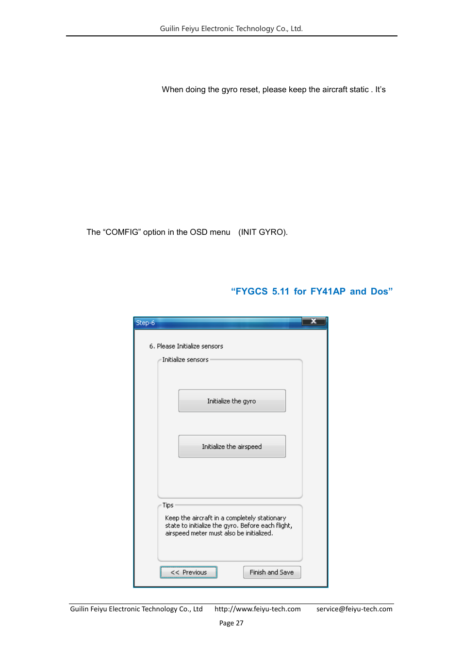 Step six: gyro and airspeed sensor initialization | FeiYu Tech FY-41AP User Manual | Page 29 / 35