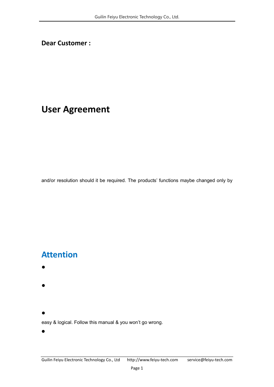 User agreement, Attention, Dear customer | FeiYu Tech FY-41AP User Manual | Page 3 / 35