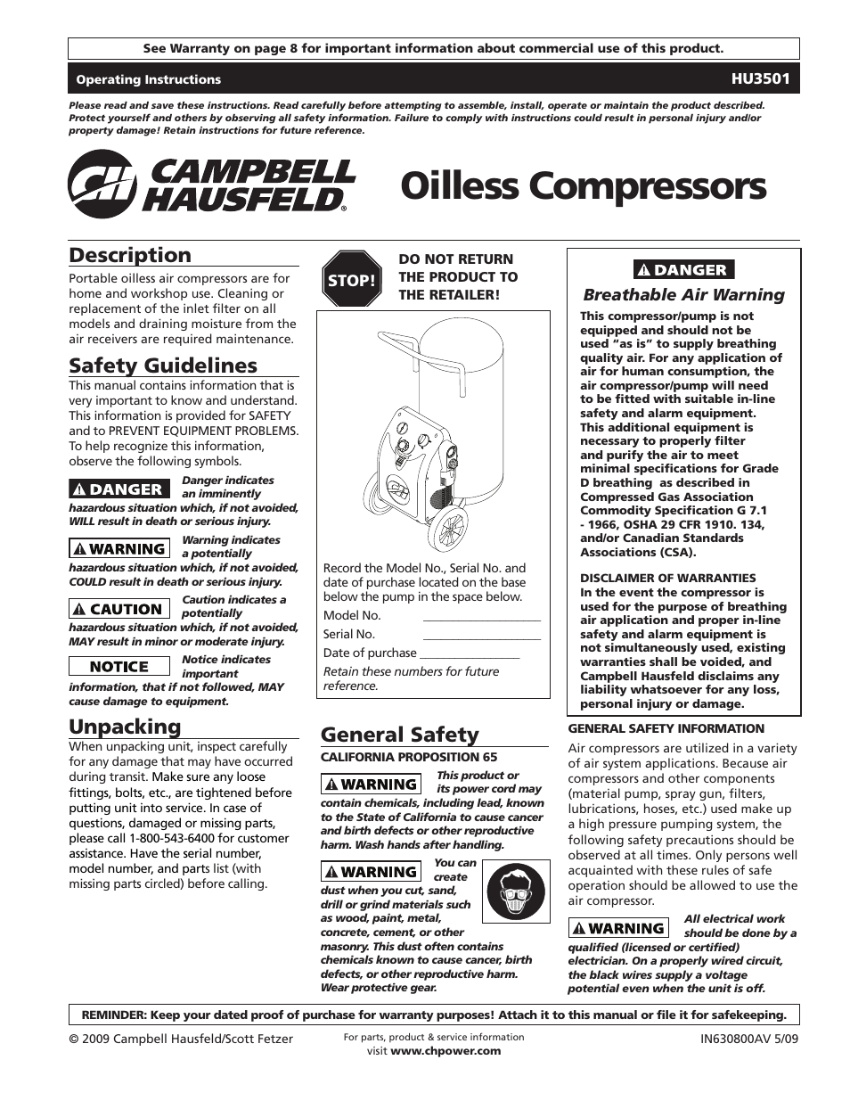 Campbell Hausfeld IN630800AV User Manual | 24 pages