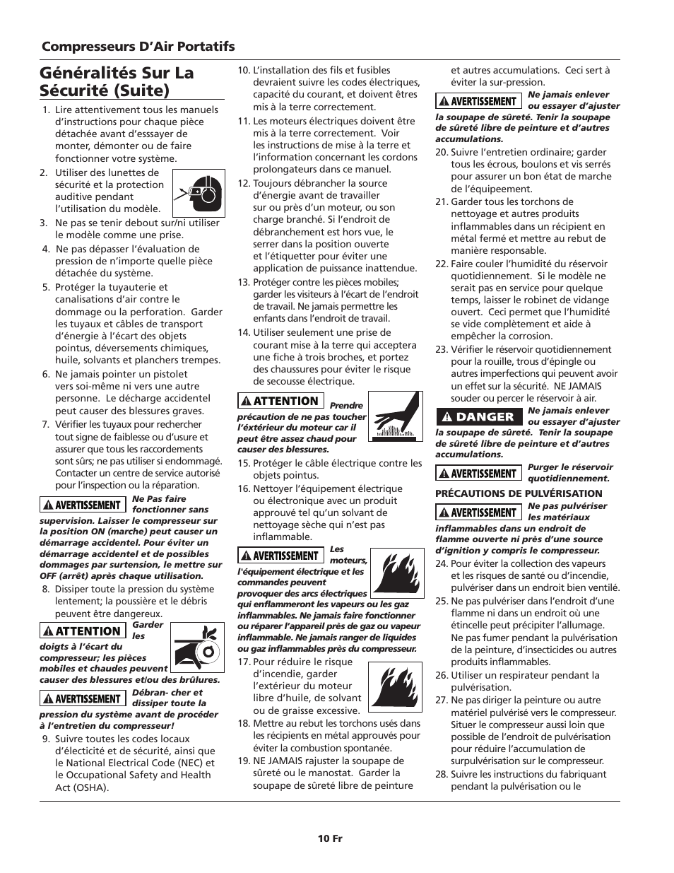 Généralités sur la sécurité (suite), Compresseurs d’air portatifs | Campbell Hausfeld IN630800AV User Manual | Page 10 / 24