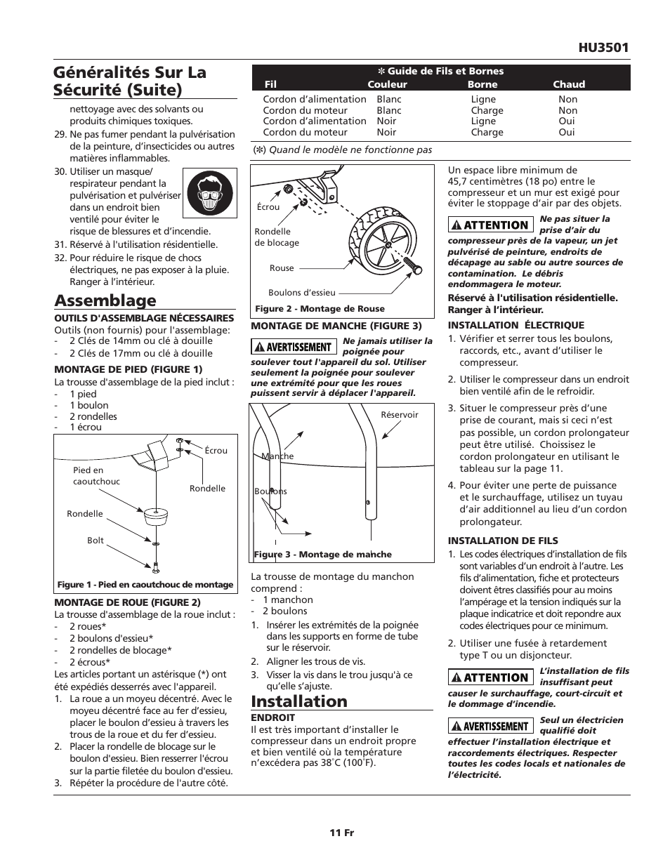 Assemblage, Installation, Généralités sur la sécurité (suite) | Hu3501 | Campbell Hausfeld IN630800AV User Manual | Page 11 / 24