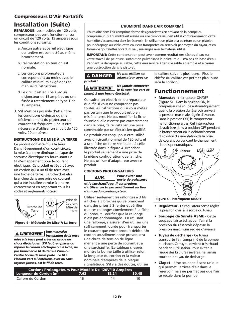 Functionnement, Installation (suite), Compresseurs d’air portatifs | Campbell Hausfeld IN630800AV User Manual | Page 12 / 24