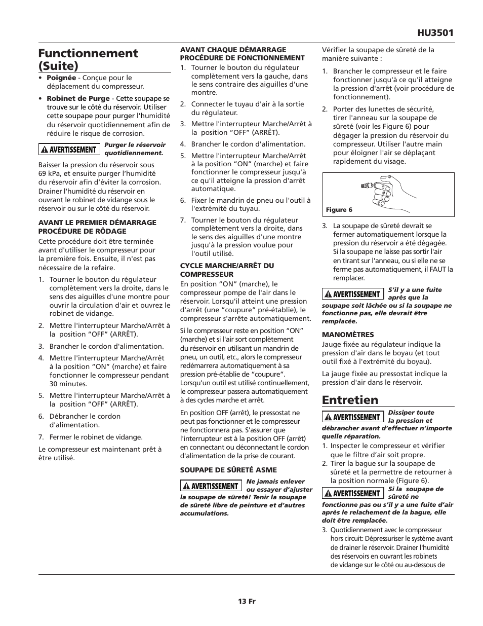 Entretien, Functionnement (suite), Hu3501 | Campbell Hausfeld IN630800AV User Manual | Page 13 / 24