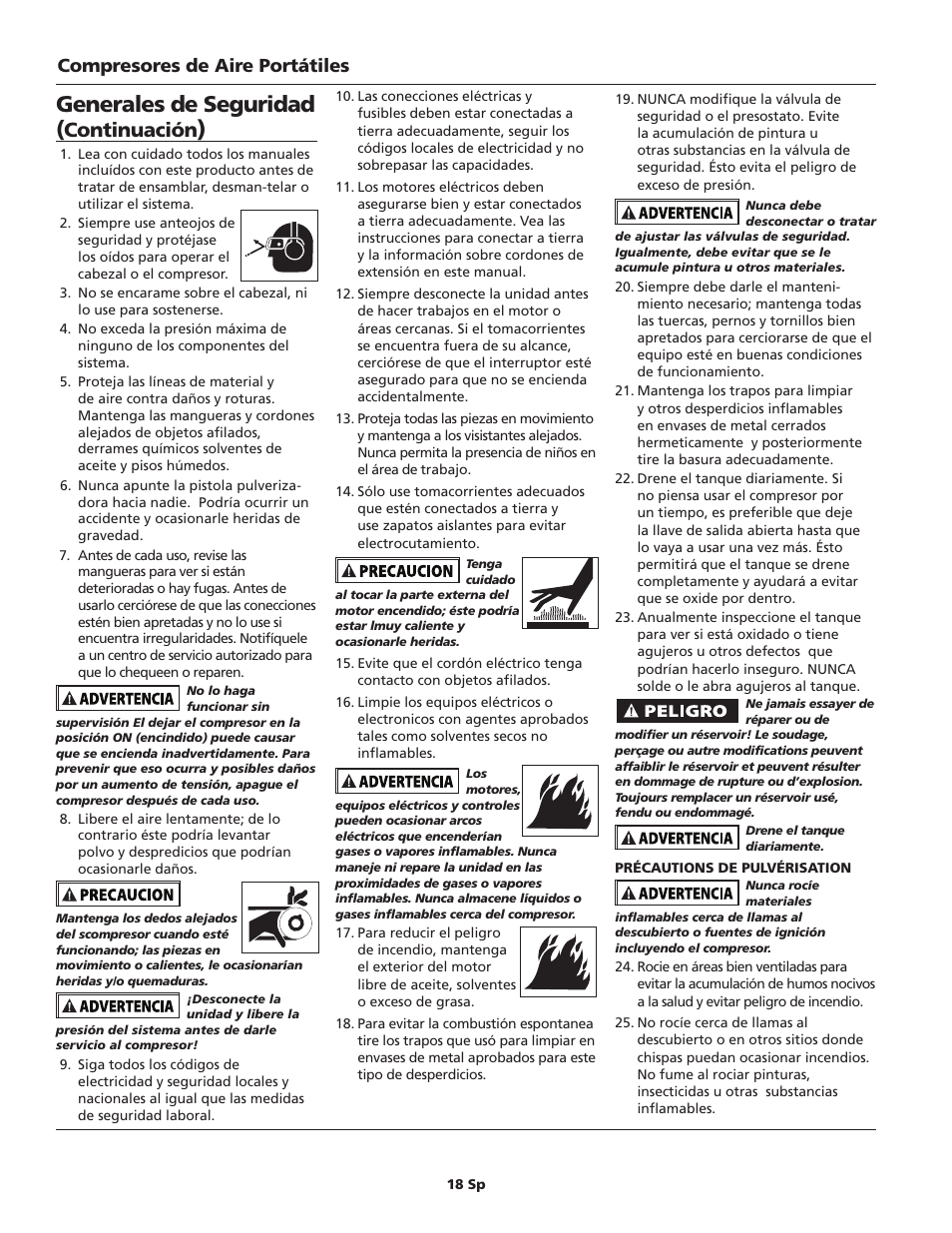 Generales de seguridad, Continuación, Compresores de aire portátiles | Campbell Hausfeld IN630800AV User Manual | Page 18 / 24