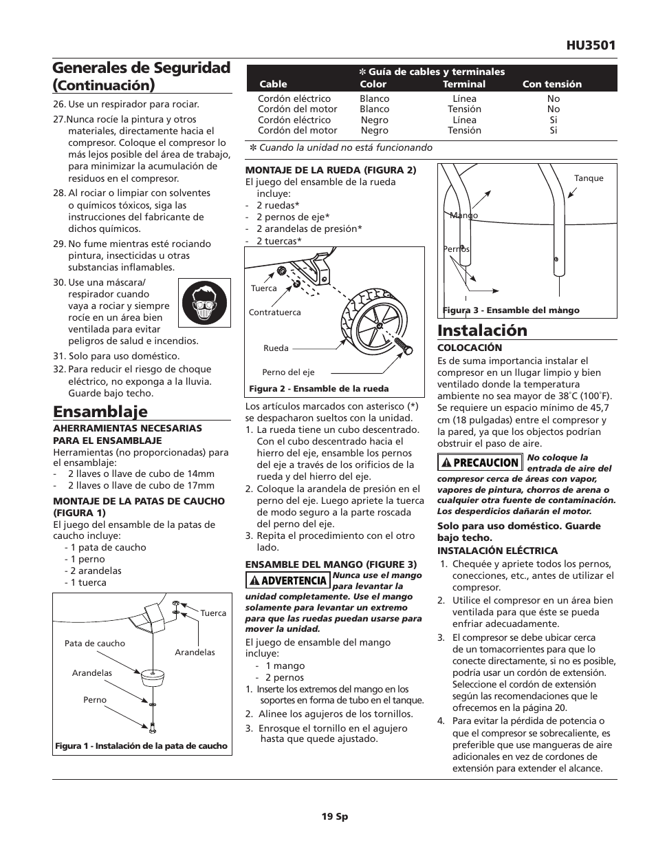 Ensamblaje, Instalación, Generales de seguridad | Continuación, Hu3501 | Campbell Hausfeld IN630800AV User Manual | Page 19 / 24