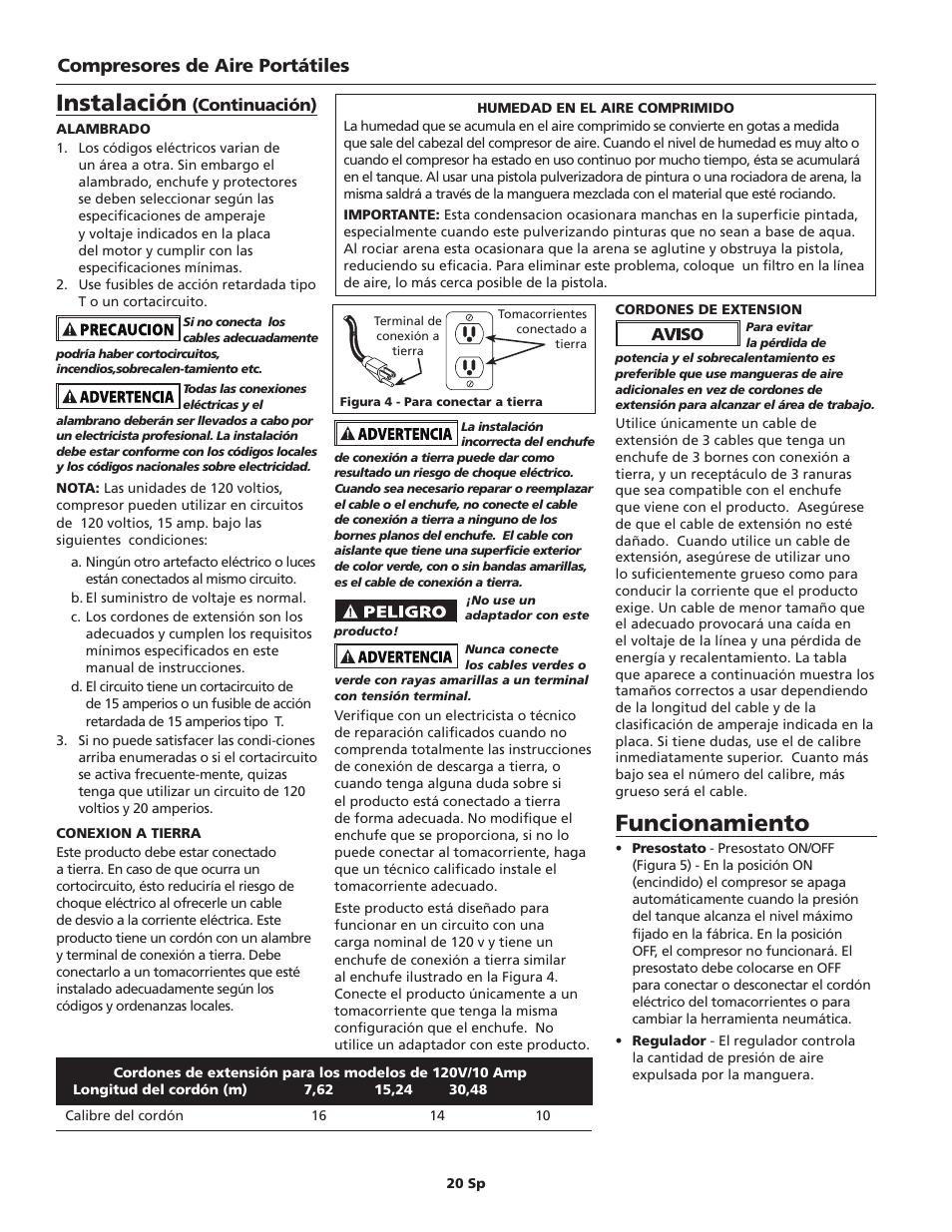 Funcionamiento, Instalación, Compresores de aire portátiles | Continuación) | Campbell Hausfeld IN630800AV User Manual | Page 20 / 24