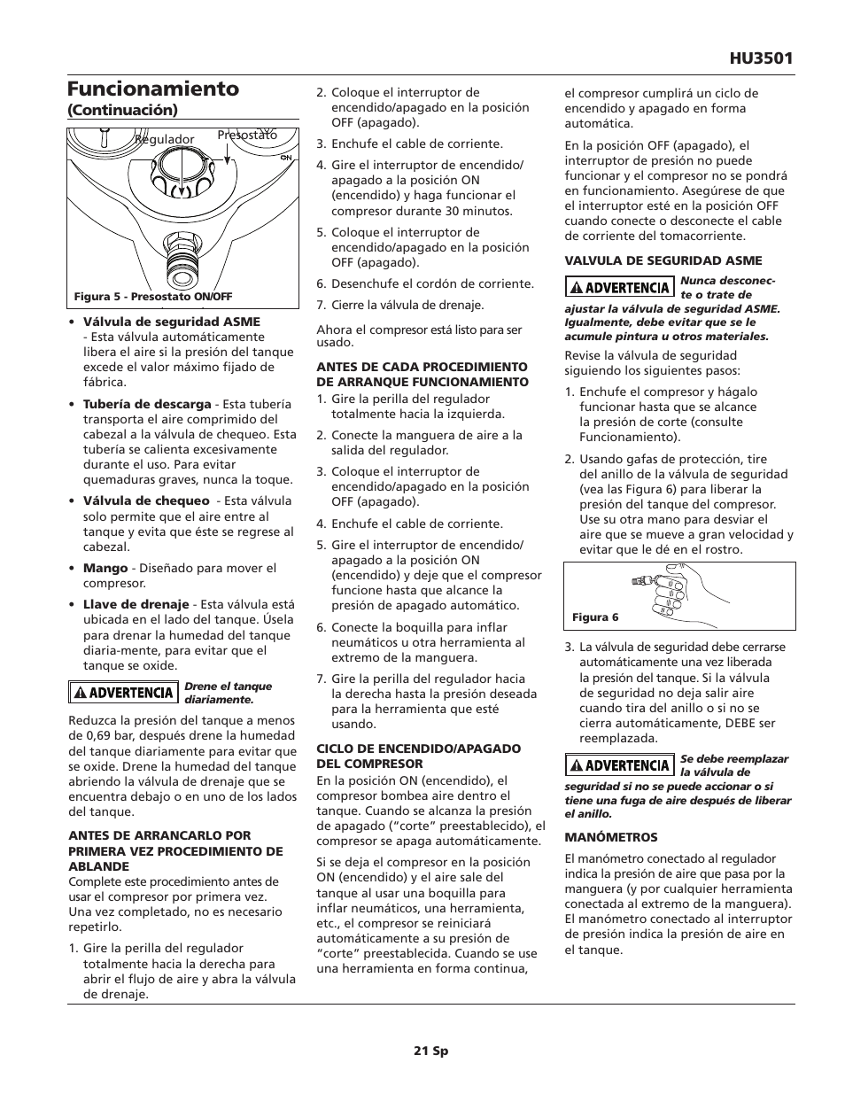 Funcionamiento, Hu3501 | Campbell Hausfeld IN630800AV User Manual | Page 21 / 24