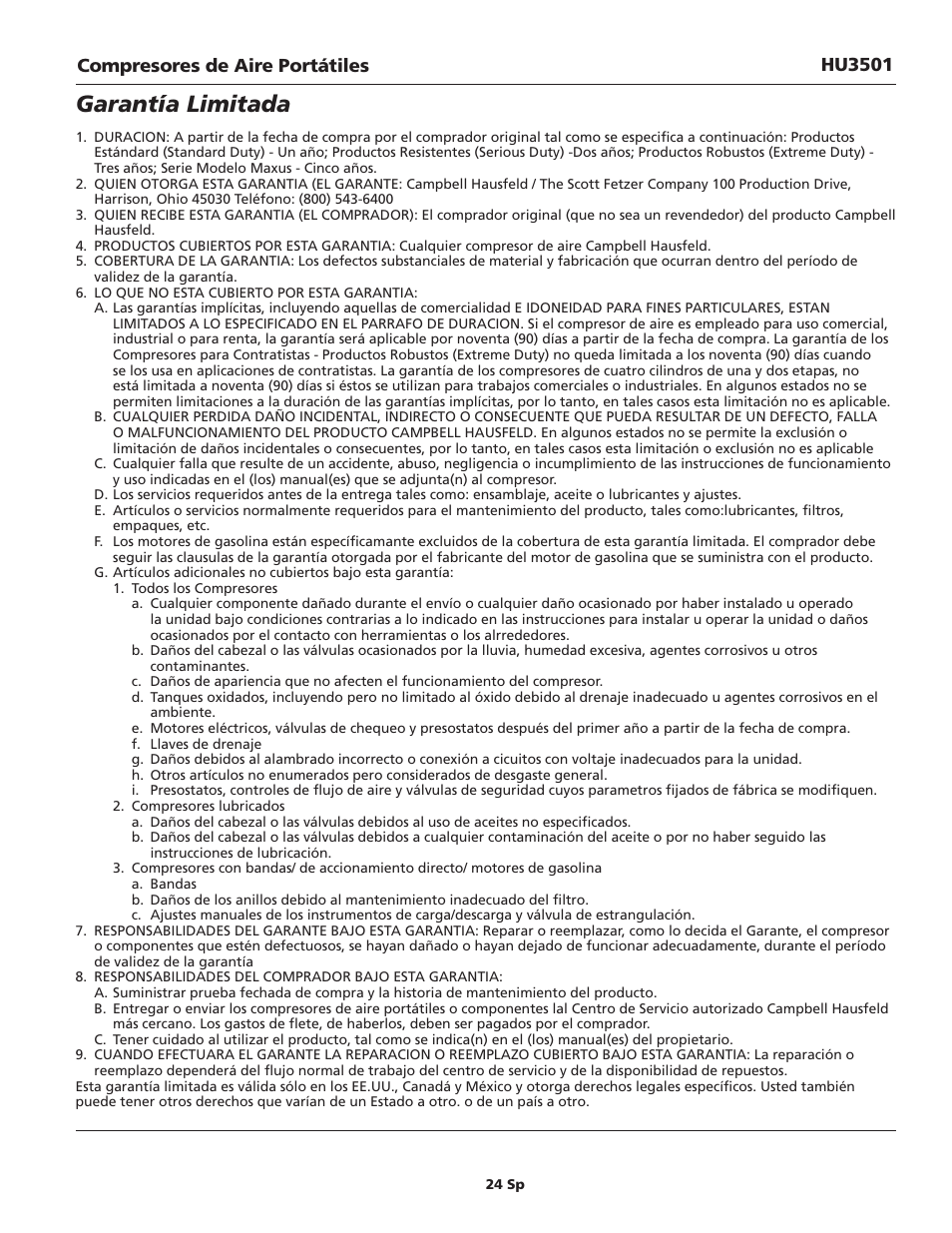 Garantía limitada, Compresores de aire portátiles hu3501 | Campbell Hausfeld IN630800AV User Manual | Page 24 / 24