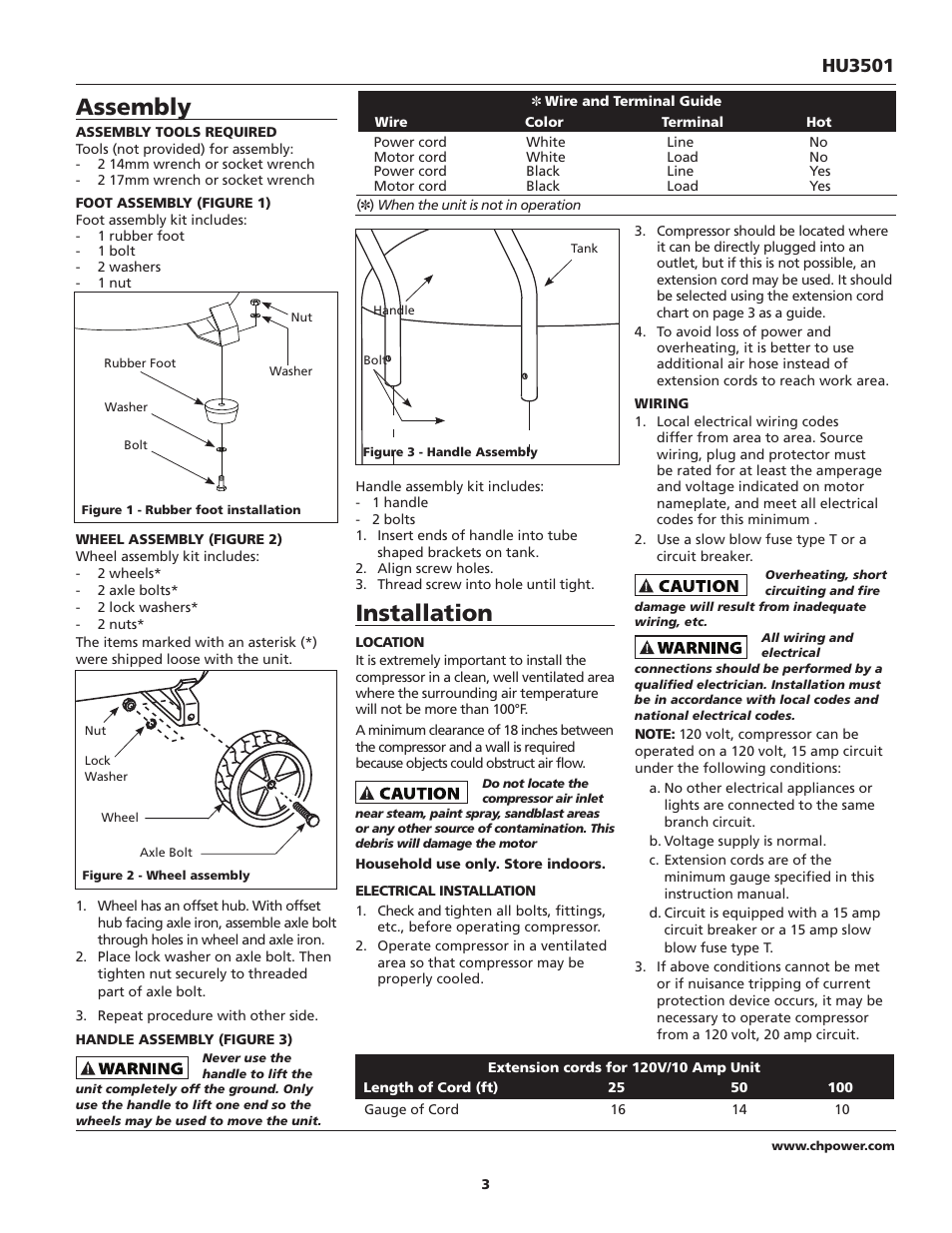 Assembly, Installation, Hu3501 | Campbell Hausfeld IN630800AV User Manual | Page 3 / 24
