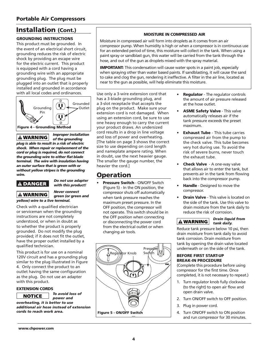 Operation, Installation, Portable air compressors | Cont.) | Campbell Hausfeld IN630800AV User Manual | Page 4 / 24