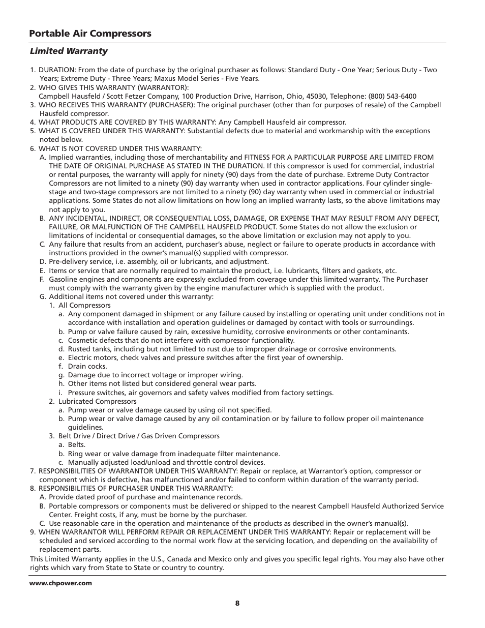 Portable air compressors | Campbell Hausfeld IN630800AV User Manual | Page 8 / 24