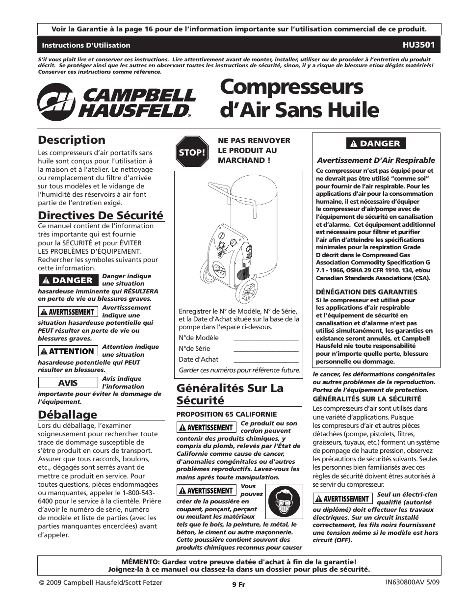 Compresseurs d’air sans huile, Description, Directives de sécurité | Déballage, Généralités sur la sécurité | Campbell Hausfeld IN630800AV User Manual | Page 9 / 24