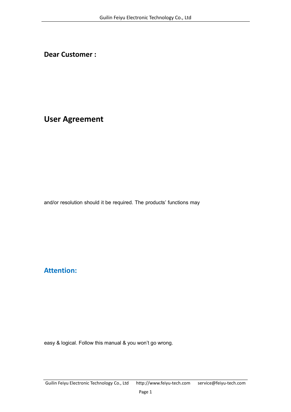 User agreement, Dear customer, Attention | FeiYu Tech FY-41AP User Manual | Page 3 / 28