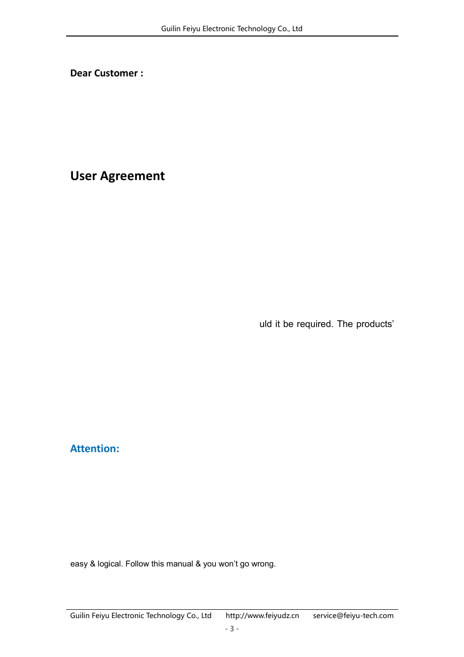 User agreement, Attention, Dear customer | FeiYu Tech FY-41AP User Manual | Page 3 / 31