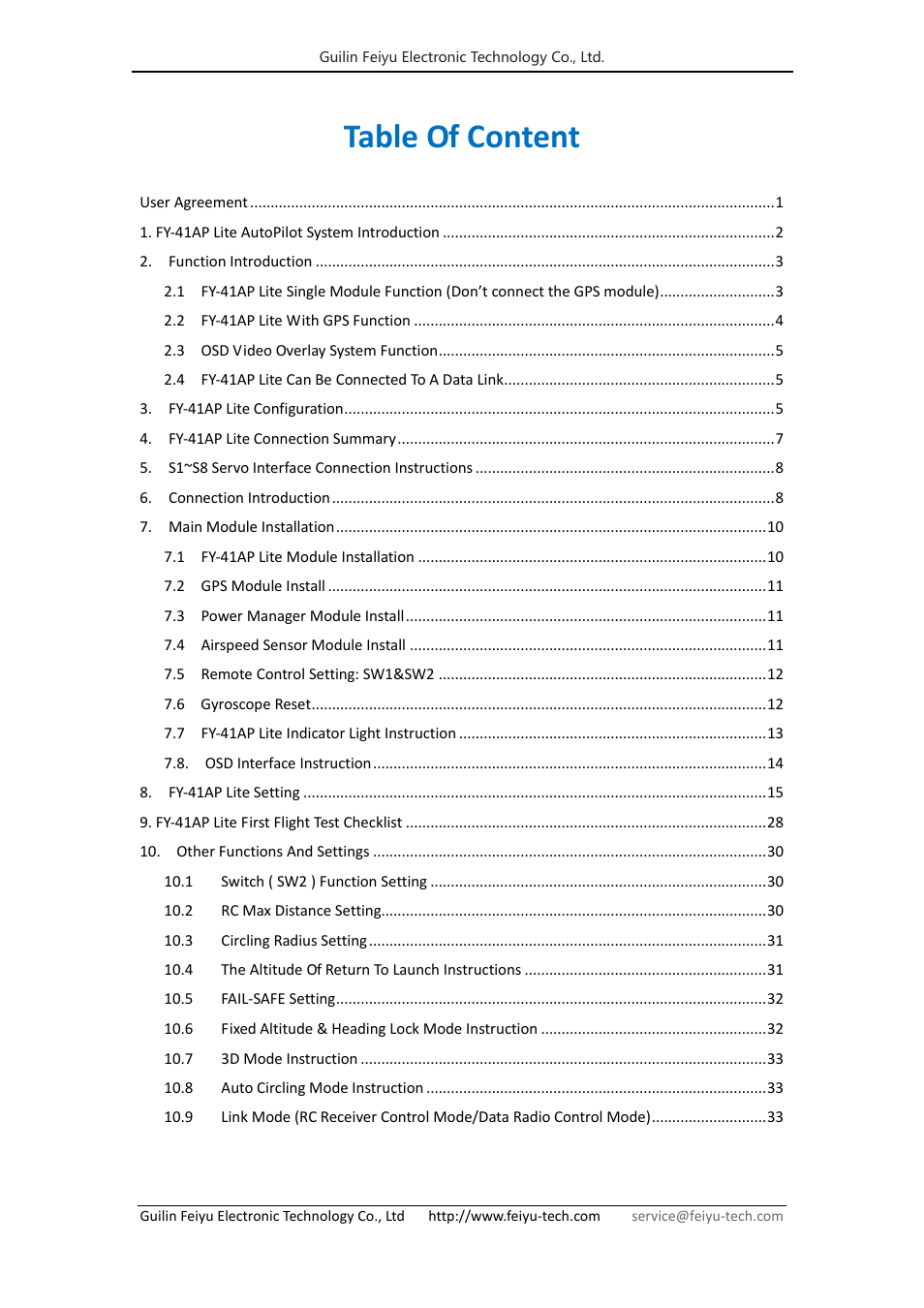 Table of content | FeiYu Tech FY-41AP Lite User Manual | Page 2 / 35