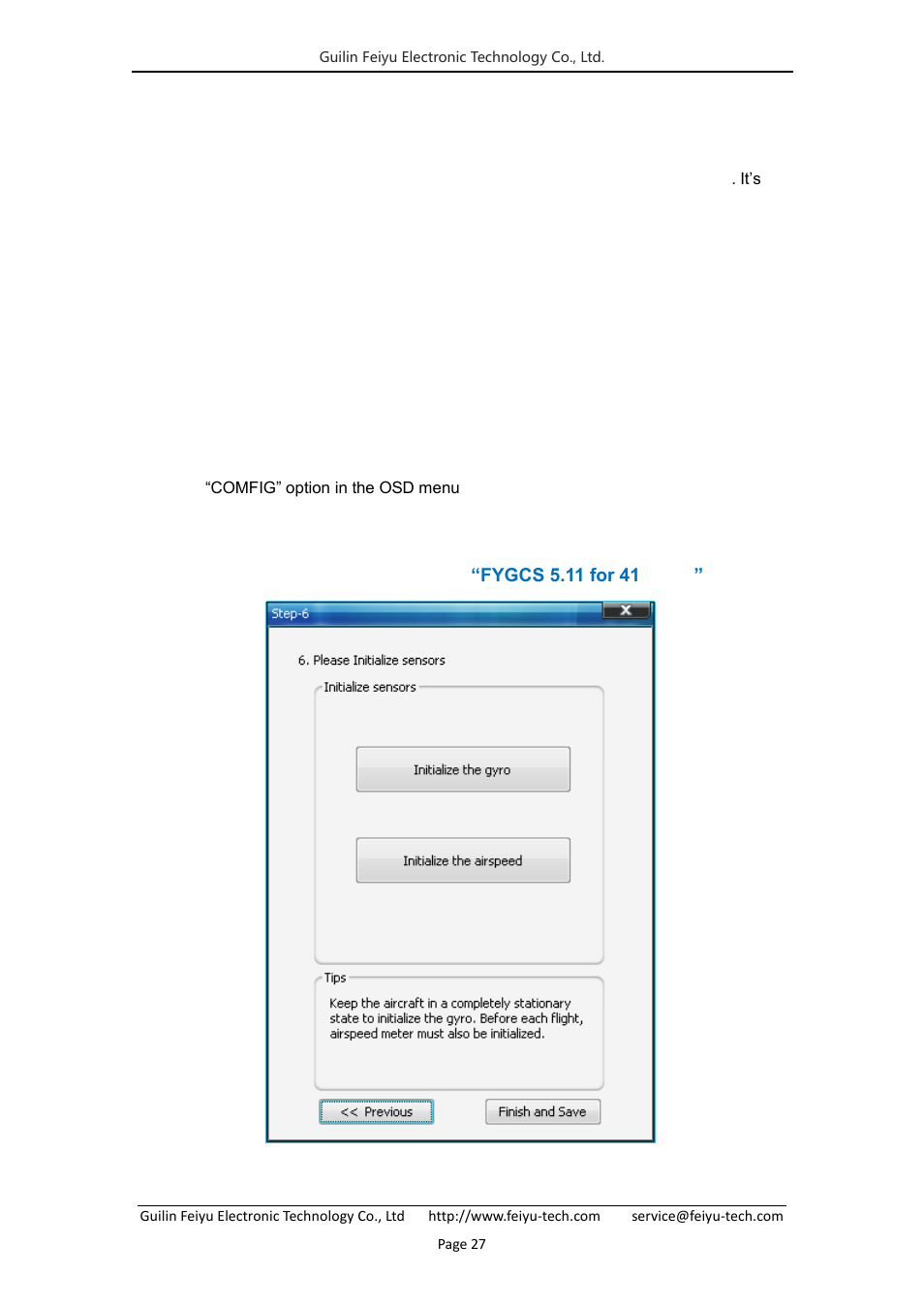 Step six: gyro and airspeed sensor initialization | FeiYu Tech FY-41AP Lite User Manual | Page 29 / 35