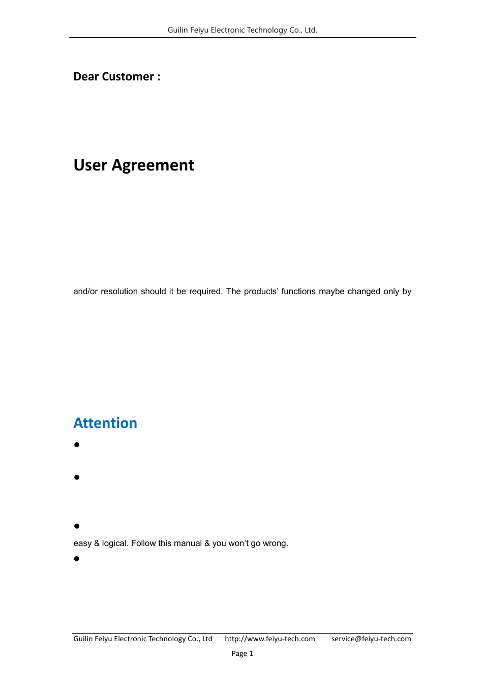 User agreement, Attention, Dear customer | FeiYu Tech FY-41AP Lite User Manual | Page 3 / 35