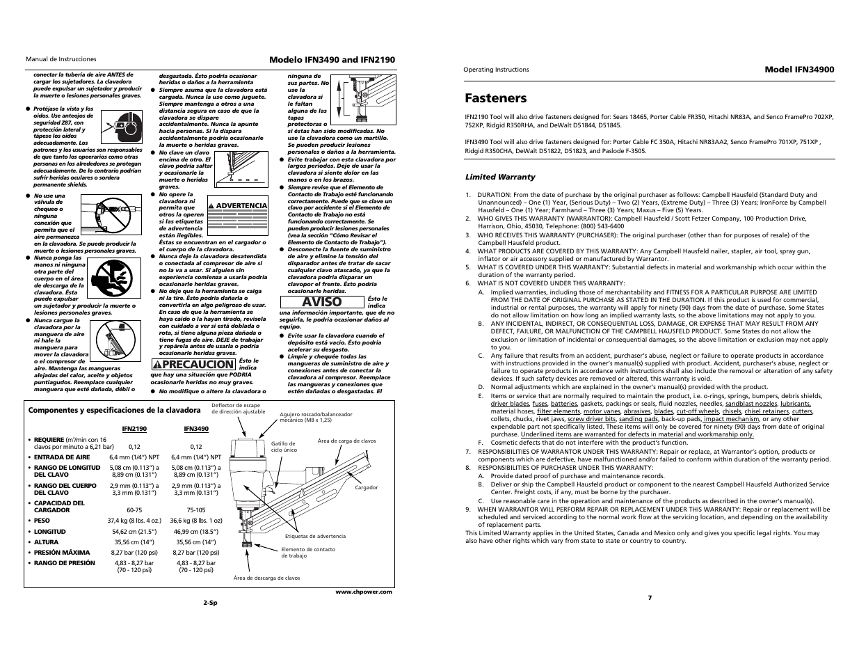 Aviso, Fasteners, Precaucion | Campbell Hausfeld IFN2190 User Manual | Page 7 / 12