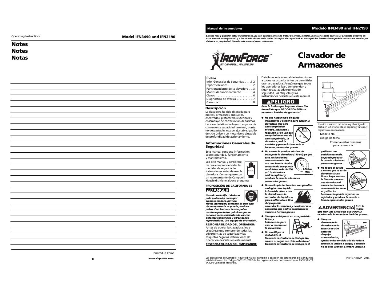 Clavador de armazones, Peligro, Advertencia | Campbell Hausfeld IFN2190 User Manual | Page 8 / 12
