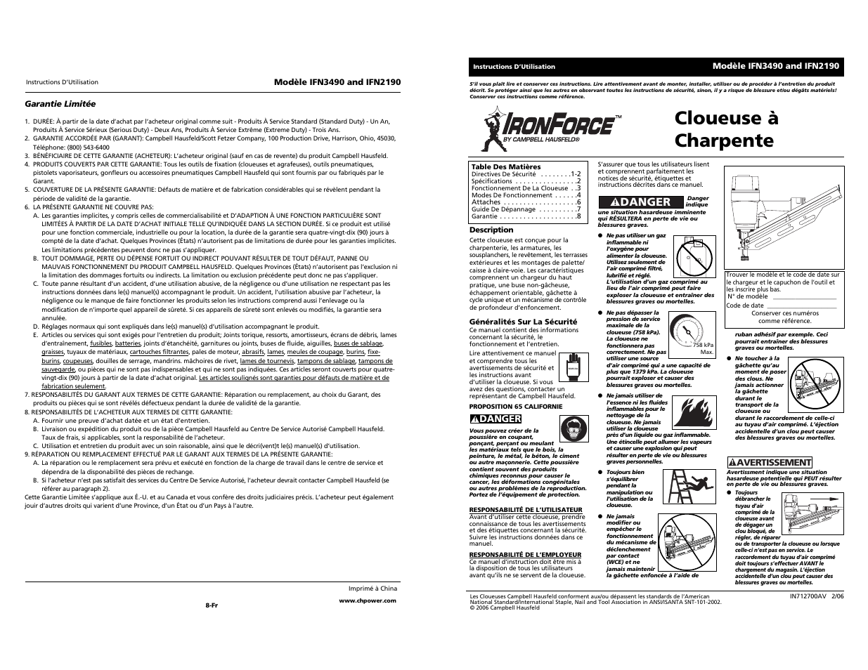 Cloueuse à charpente, Danger | Campbell Hausfeld IFN2190 User Manual | Page 9 / 12