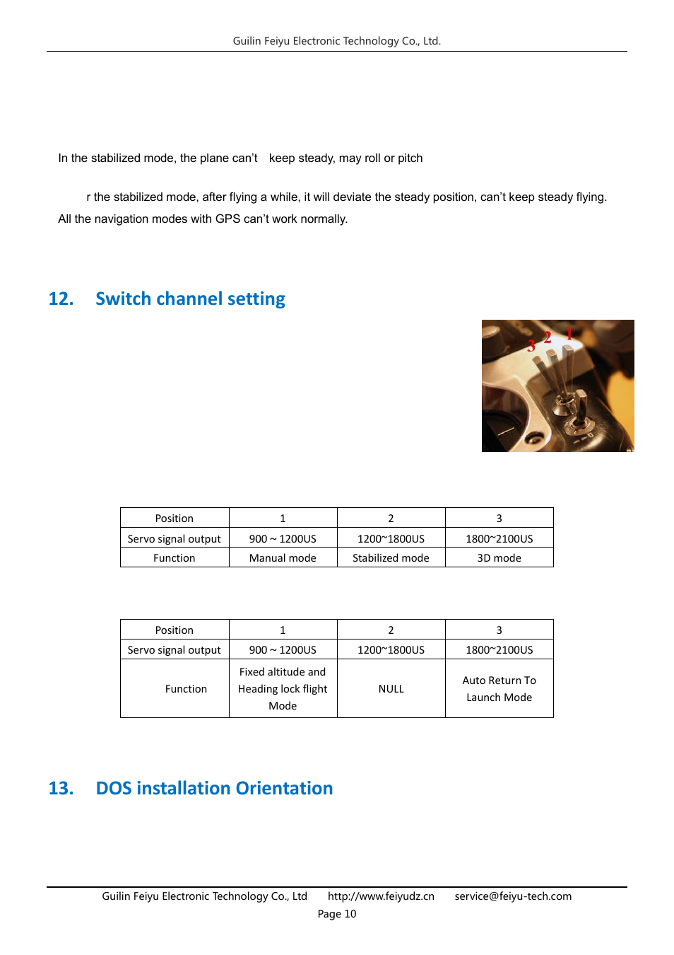 Switch channel setting, Dos installation orientation | FeiYu Tech FY-DOS User Manual | Page 10 / 21