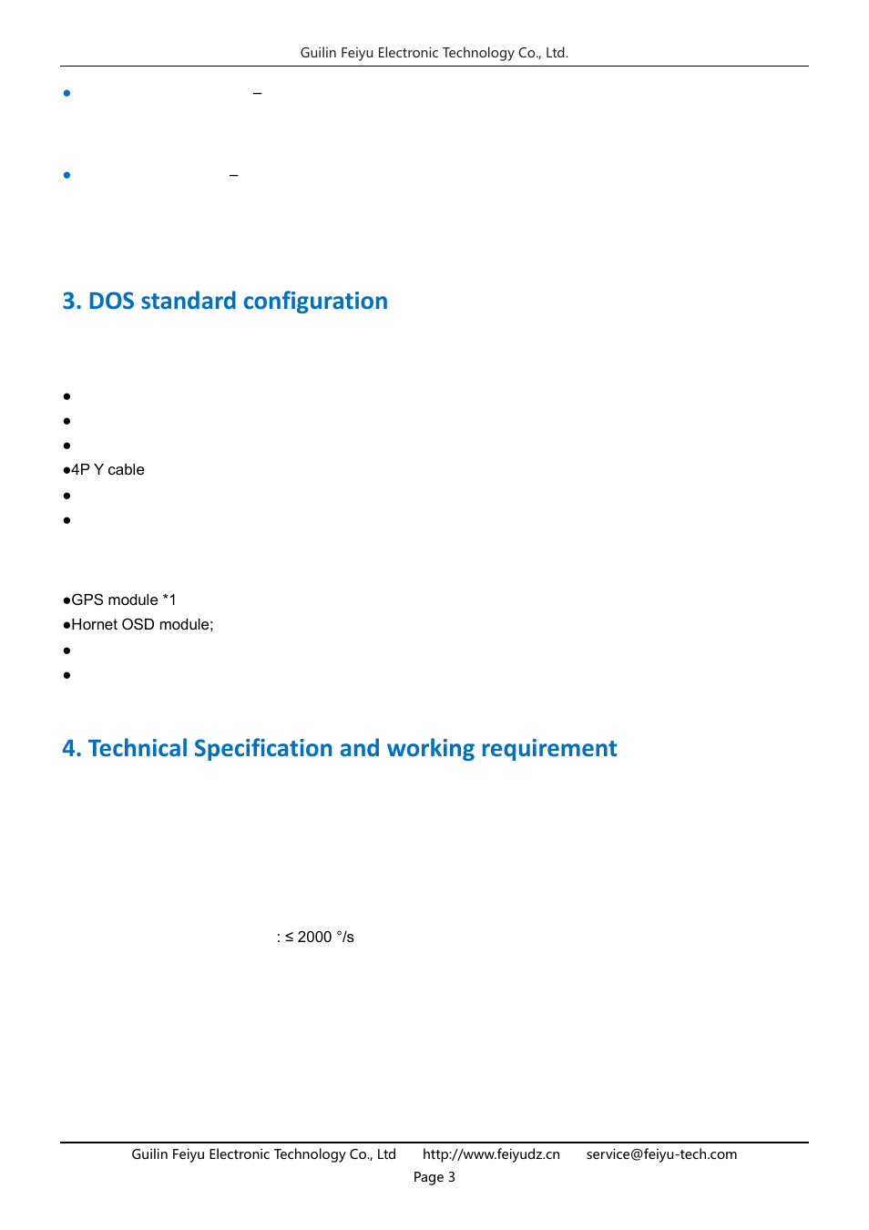 Dos standard configuration, Technical specification and working requirement | FeiYu Tech FY-DOS User Manual | Page 3 / 21