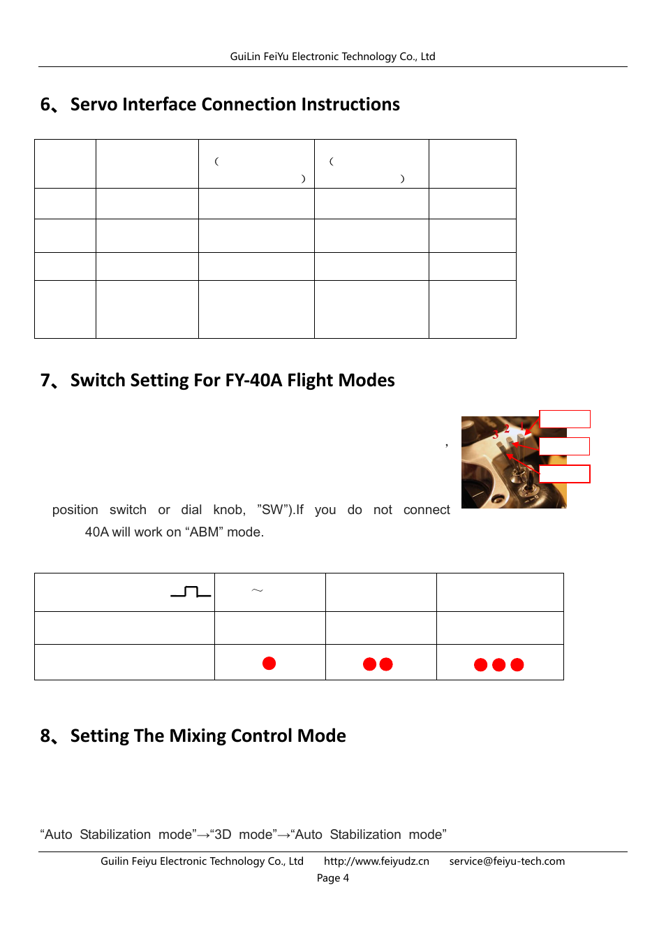 6 、servo interface connection instructions, 7、switch setting for fy-40a flight modes, 8、setting the mixing control mode | FeiYu Tech FY-40A User Manual | Page 4 / 8