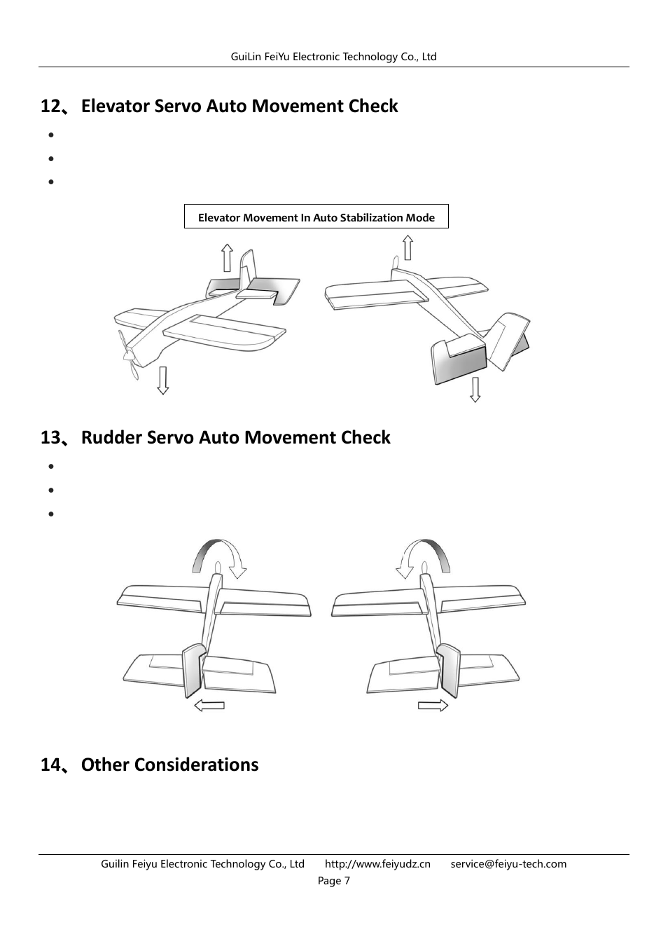 12 、elevator servo auto movement check, 13 、rudder servo auto movement check, 14 、other considerations | FeiYu Tech FY-40A User Manual | Page 7 / 8