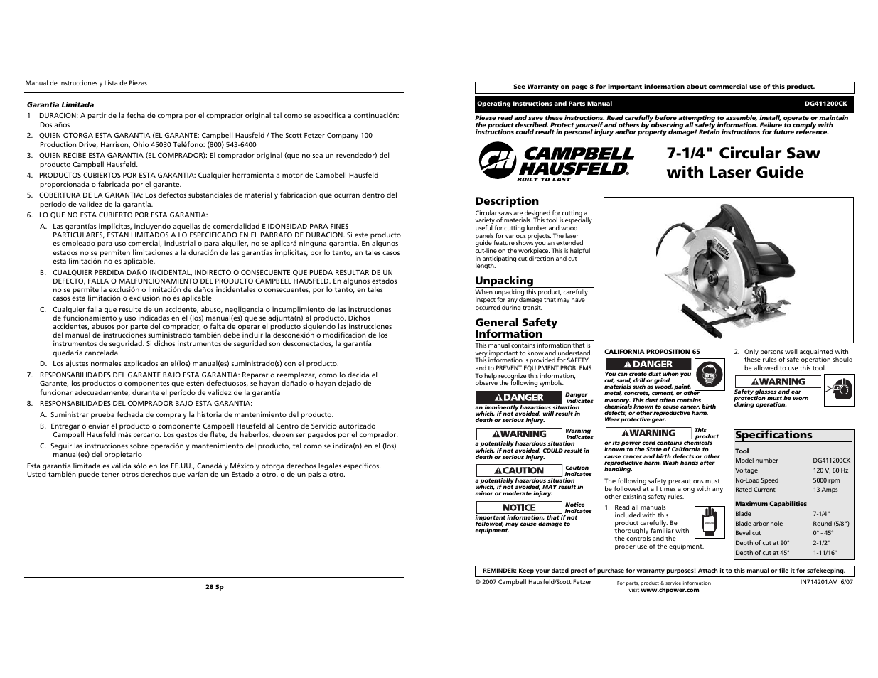 Campbell Hausfeld S 7-1/4" DG411200CK User Manual | 14 pages