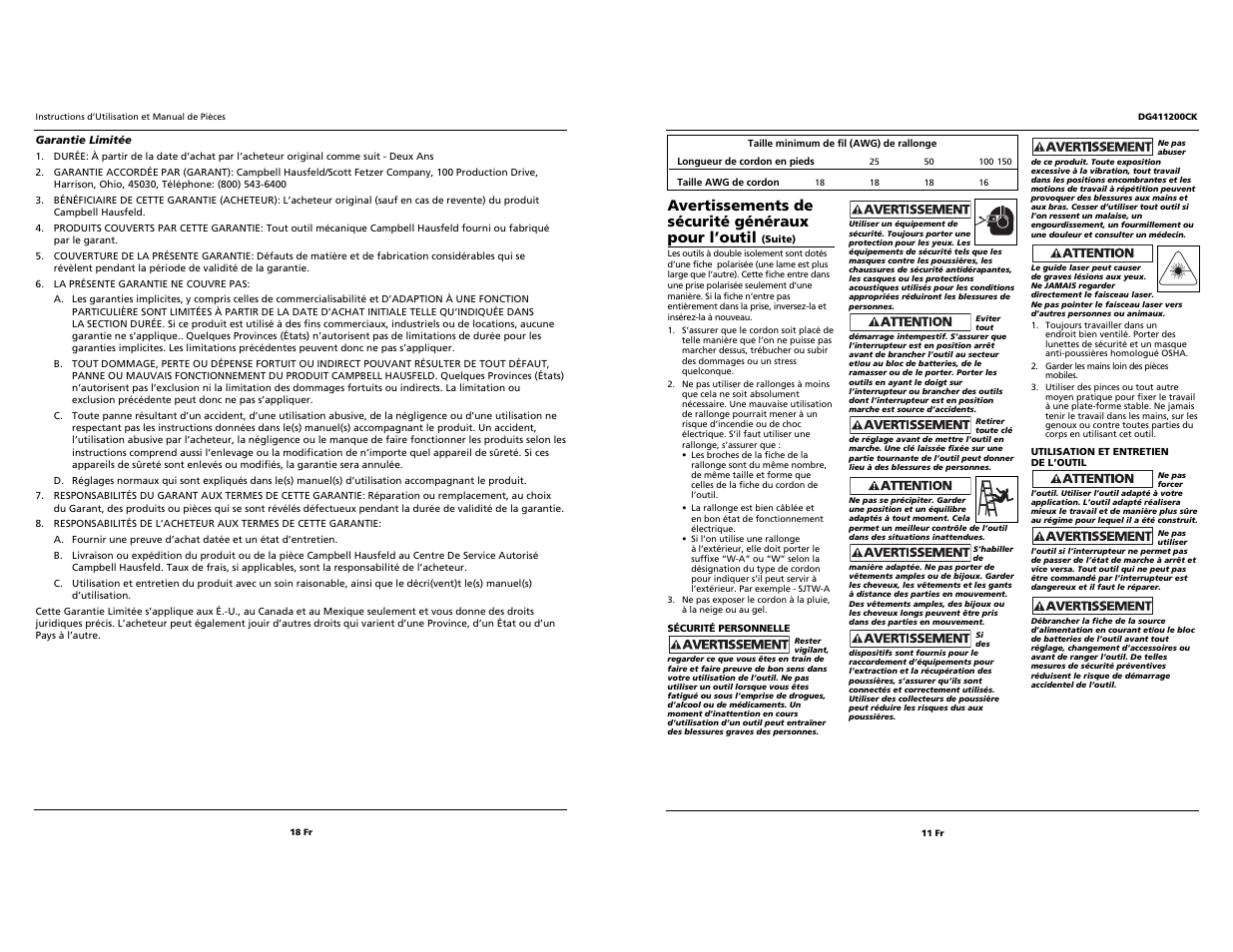 Avertissements de sécurité généraux pour l’outil | Campbell Hausfeld S 7-1/4" DG411200CK User Manual | Page 11 / 14