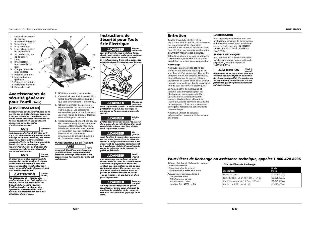 Entretien, Avertissements de sécurité généraux pour l’outil | Campbell Hausfeld S 7-1/4" DG411200CK User Manual | Page 12 / 14